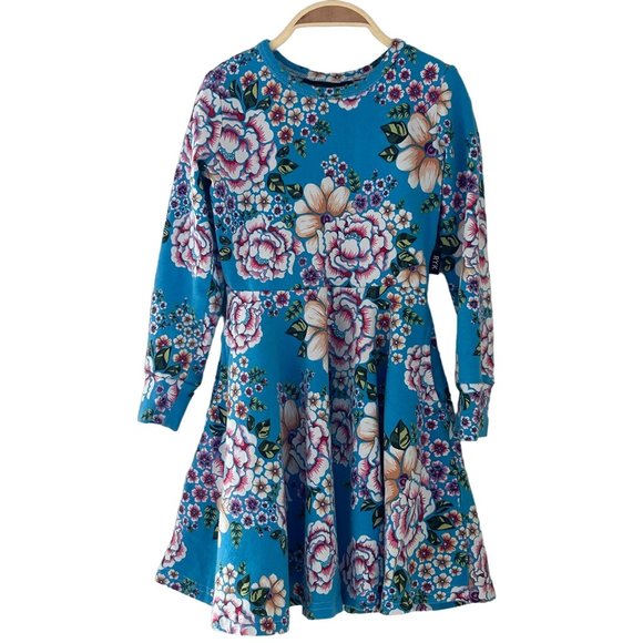 Rock Your Kid Dress Blue Floral Waisted Pocket Short Sleeve Fit & Flare Girl 3